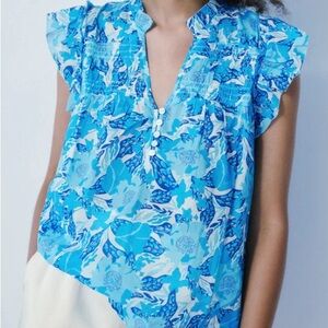 Melissa Nepton Blue Floral 100% Cotton Flutter Sleeve Blouse
